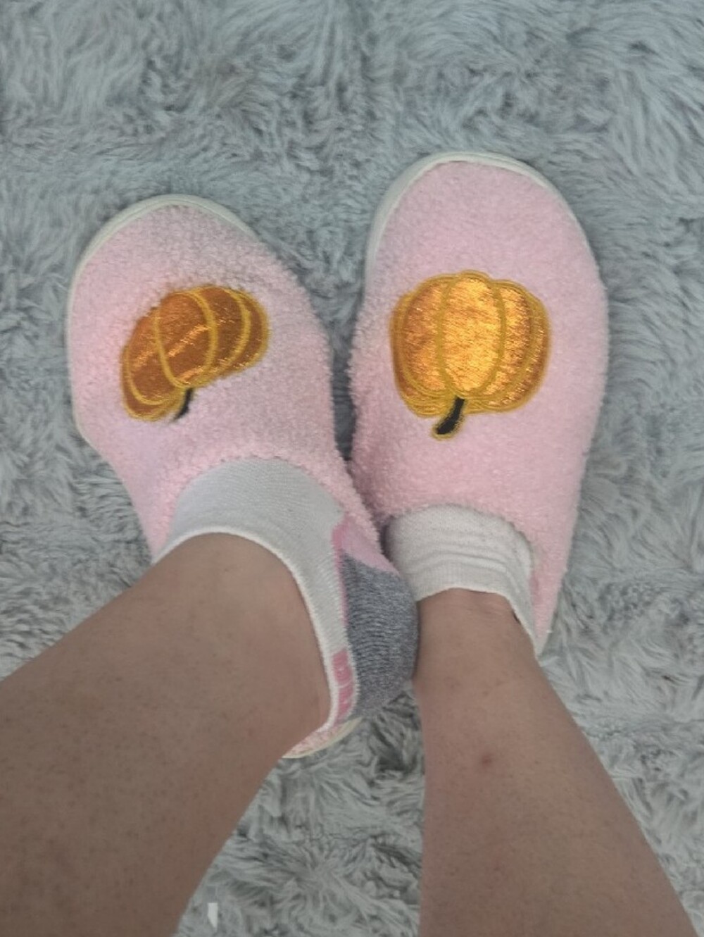 Pink Cozy Sherpa Used Slippers with Golden Pumpkin Worn Slippers